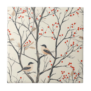 Cream Winter Songbird Red Berry Pattern Tile