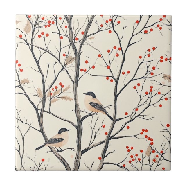 Cream Winter Songbird Red Berry Pattern Tile (Front)