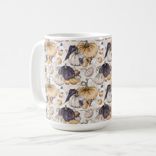 CREAM WITH ORANGE CREAM & PURPLE PUMPKINS COFFEE MUG (Front Left)
