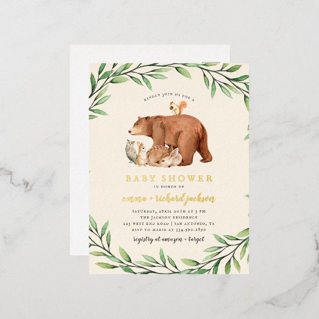 Cream Woodland Greenery Forest Animals Baby Shower Foil Invitation Postcard (Front/Back)