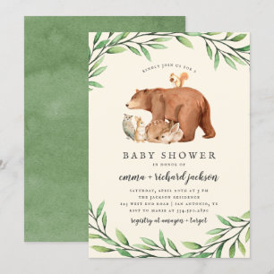 Cream Woodland Greenery Forest Animals Baby Shower Invitation