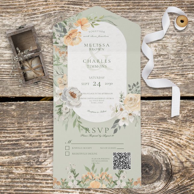 Cream & Yellow Boho Floral Sage Green QR Code All In One Invitation (Creator Uploaded)