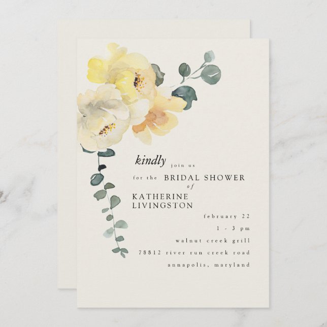 Cream Yellow Floral Elegant Bridal Shower  Invitation (Front/Back)