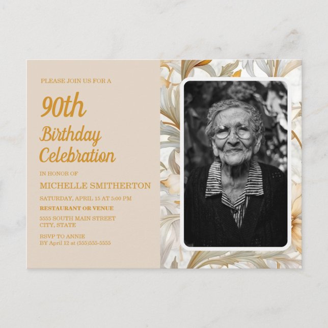 Cream Yellow Floral Women's 90th Birthday Phot Invitation Postcard (Front)
