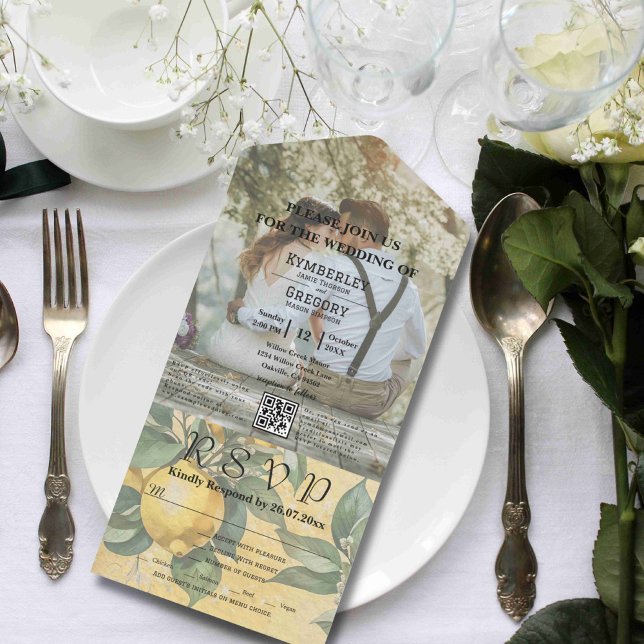 Cream Yellow Lemon Orchard Botanical QR Code All In One Invitation (Creator Uploaded)