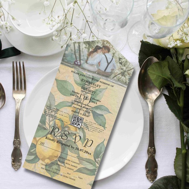 Cream Yellow Lemon Orchard Botanical QR Code All In One Invitation (Creator Uploaded)