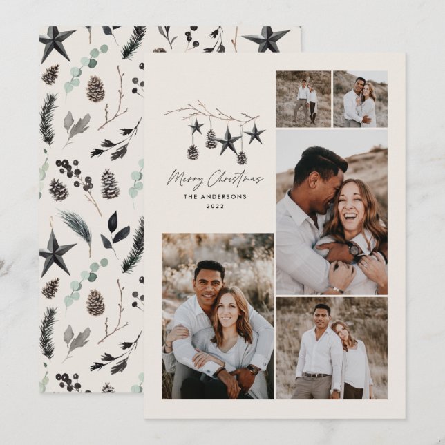 Creammodern elegant script Christmas multi photo Holiday Card (Front/Back)