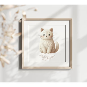 Creamy Beige Kitty Boho Embroidered Cat Poster 