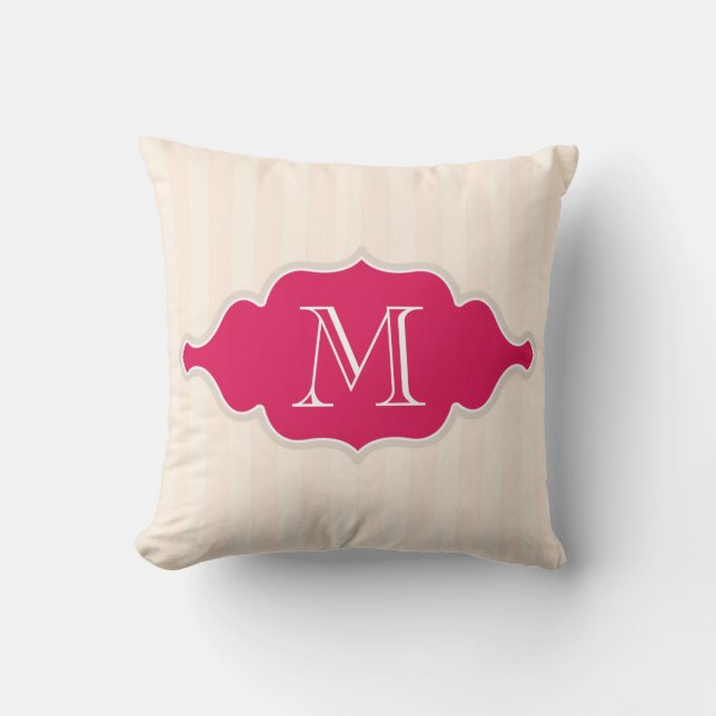 Creamy Beige Stripes  Pink  And White Monogram Cushion (Front)