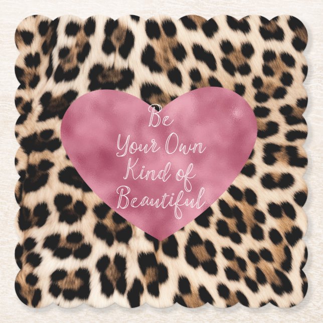 Creamy Brown Black Leopard Heart Beautiful Paper Coaster (Front)
