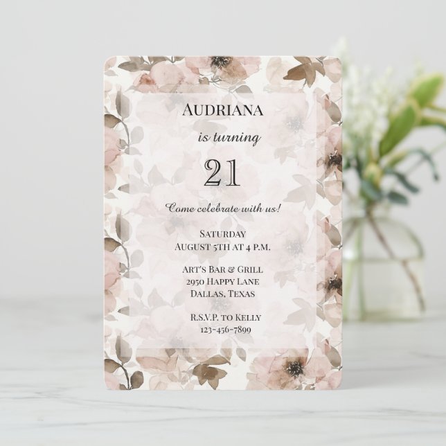 Creamy Brown Blush Pink Floral Birthday Invitation (Standing Front)
