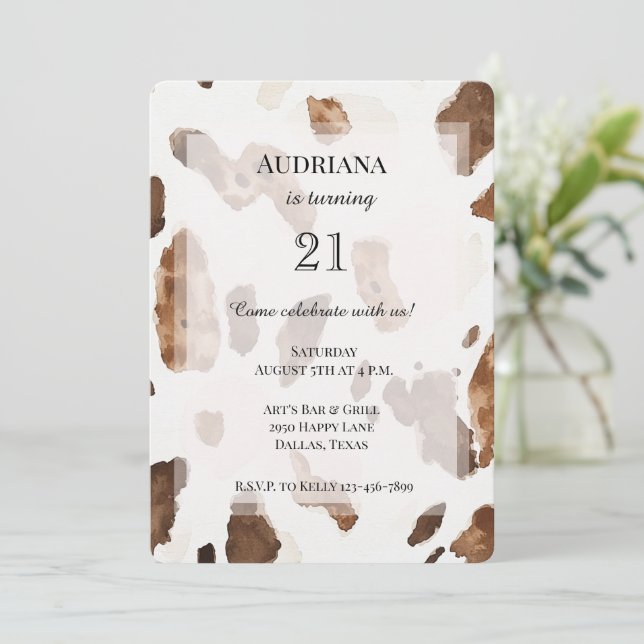 Creamy Brown Chocolate Cow Print Animal Birthday Invitation (Standing Front)