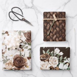 Creamy Brown Chocolate Floral Birthday Wrapping Paper Sheet