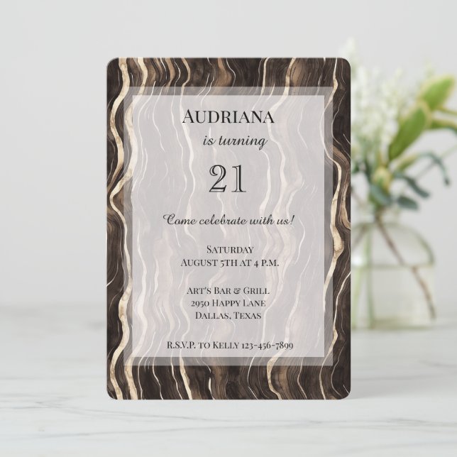 Creamy Brown Chocolate Gold Swirls Birthday Invitation (Standing Front)