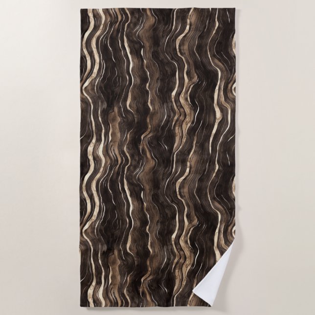 Creamy Brown Chocolate Gold Wavy Stripes  Beach Towel (Front)