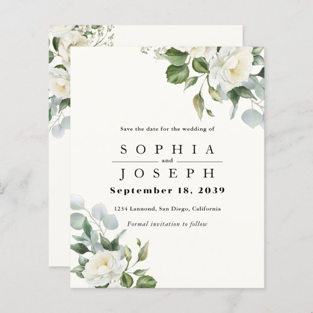 Creamy Floral Eucalyptus Wedding Save the date (Front/Back)
