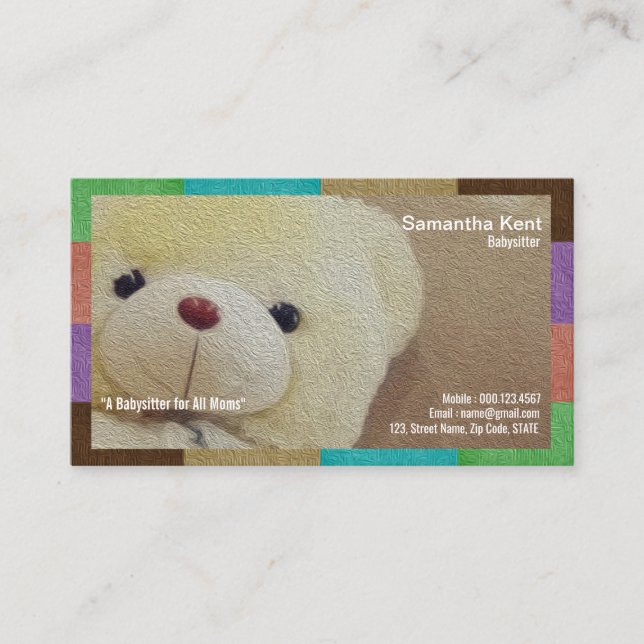 Creamy Fuzzy Teddy Bear Babysitter Business Card (Front)