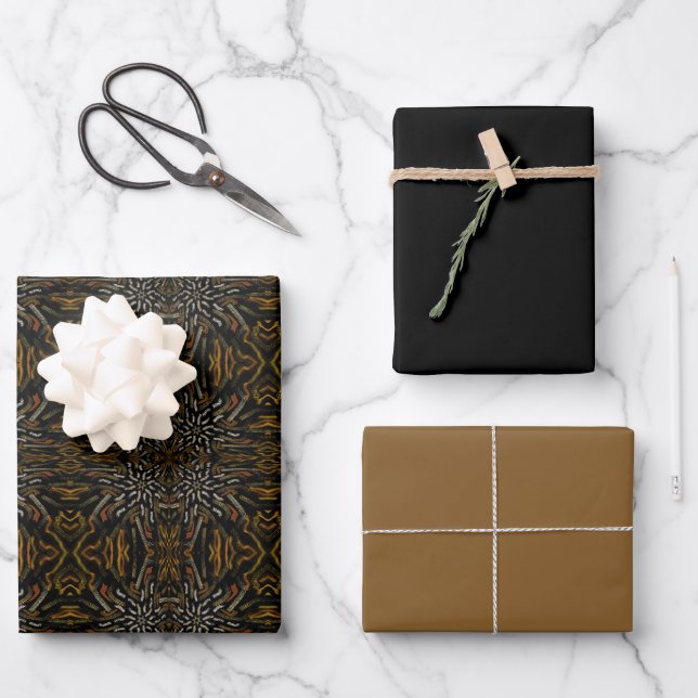 Creamy Golden Yellows Raked Pattern On Black Wrapping Paper Sheet (Front)