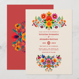 Creamy Linen & Fiesta Red Folk Art Fiesta Wedding Invitation