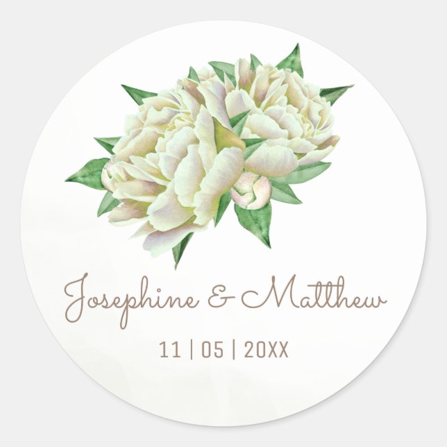 Creamy Peonies Watercolor Wedding Stickers (Front)