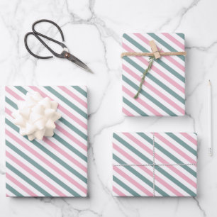 Creamy Pink and Green Diagonal Stripes Pattern Wrapping Paper Sheet