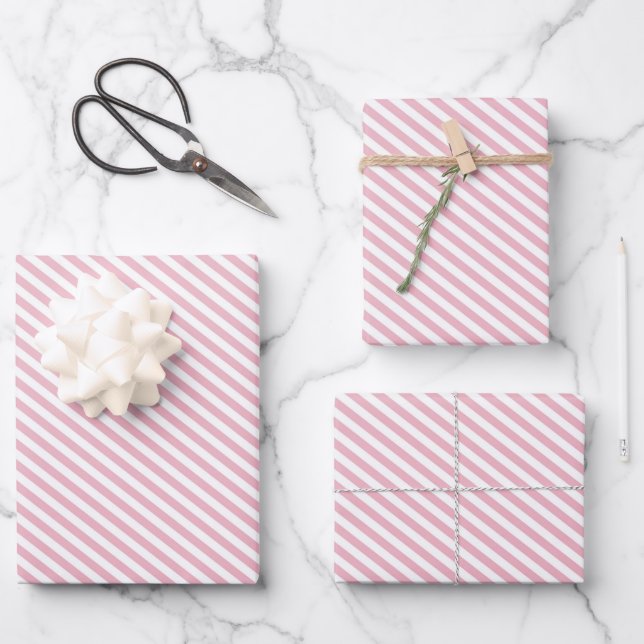 Creamy Pink and White Diagonal Stripes Pattern Wrapping Paper Sheet (Front)