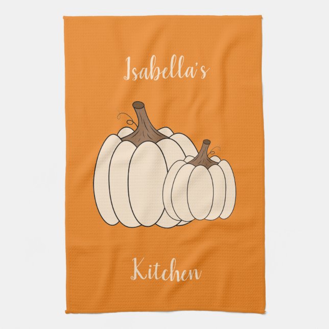 Creamy Pumpkins Orange Kitchen Towel with Name (Vertical)