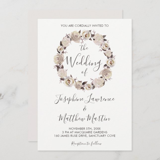 Creamy Rose Wreath Wedding Invitations (Front/Back)