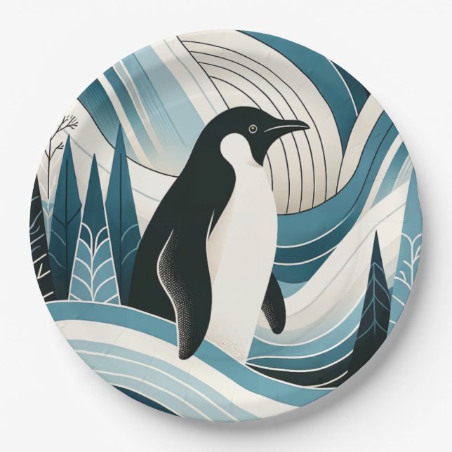 Creamy Sky Blue Penguin In The Ice Winter Forest  Paper Plate (Front)
