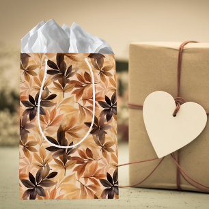 Creamy Tan, Brown Autumn Leaves Watercolor Pattern Medium Gift Bag
