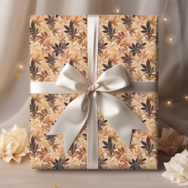 Creamy Tan, Brown Autumn Leaves Watercolor Pattern Wrapping Paper (Creator Uploaded)