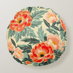 Creamy Vintage Peach Blossom Watercolor Round Cushion