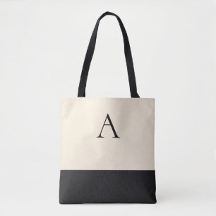 CREAMY WHITE and Black 1 Letter Monogram Tote Bag