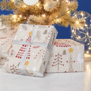 Creamy White, Christmas Tree and Deer Wrapping Paper