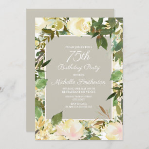 Creamy White Floral Botanical 75th Birthday Invitation