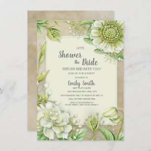 Creamy White Floral Greenery Rustic Bridal Shower Invitation