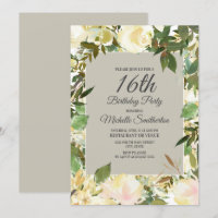 Creamy White Floral Sage Green 16th Birthday