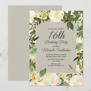 Creamy White Floral Sage Green 16th Birthday Invitation