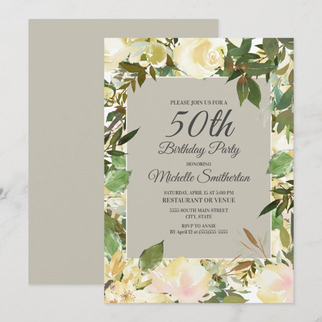 Creamy White Floral Sage Green 50th Birthday Invitation (Front/Back)
