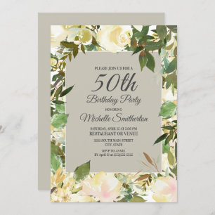 Creamy White Floral Sage Green 50th Birthday Invitation