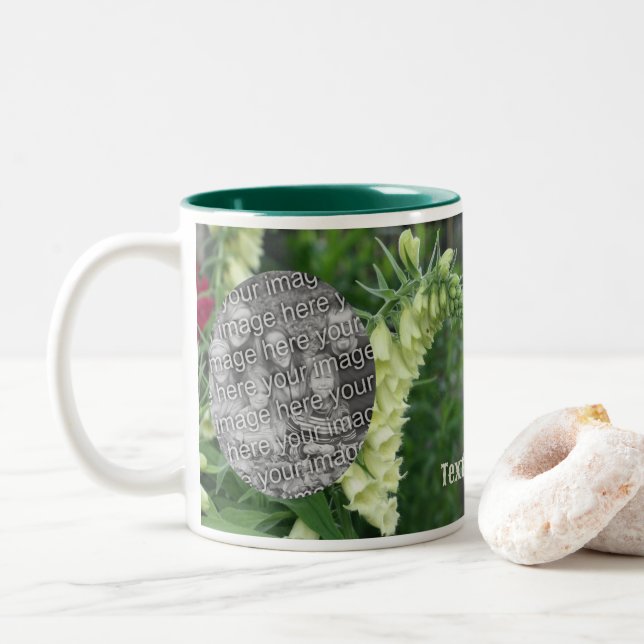 Creamy White Foxglove Flowers Add Your Photo Two-Tone Coffee Mug (With Donut)