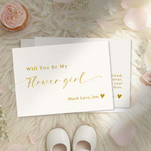 Creamy White Gold Script Flower Girl Proposal Card