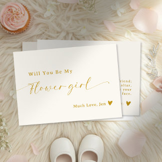 Creamy White Gold Script Flower Girl Proposal Card