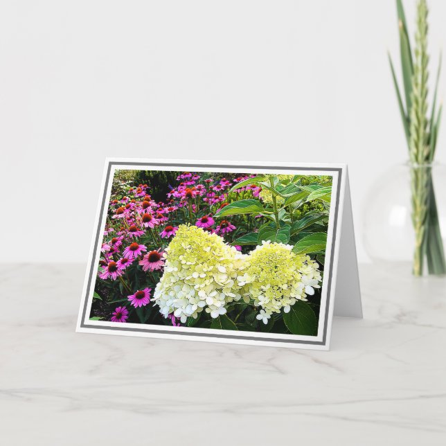 Creamy White Hydrangea and Pink Cone Flowers Card (Front)