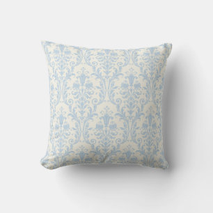 Creamy White & Light Blue Damask Floral Swirls Cushion
