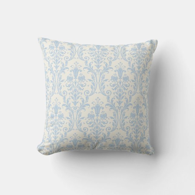Creamy White & Light Blue Damask Floral Swirls Cushion (Front)