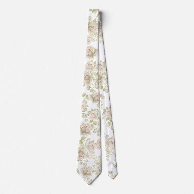 Creamy White Roses Wedding White Floral Neck Tie (Front)
