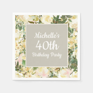 Creamy White Sage Green Floral 40th Birthday Napkin