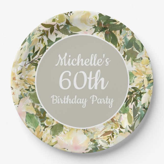 Creamy White Sage Green Floral 60th Birthday Party Paper Plate (Front)
