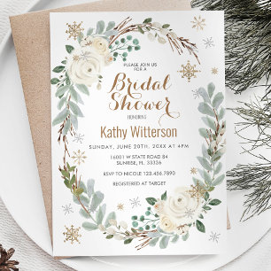 Creamy White Winter Floral Snowflake Bridal Shower Invitation